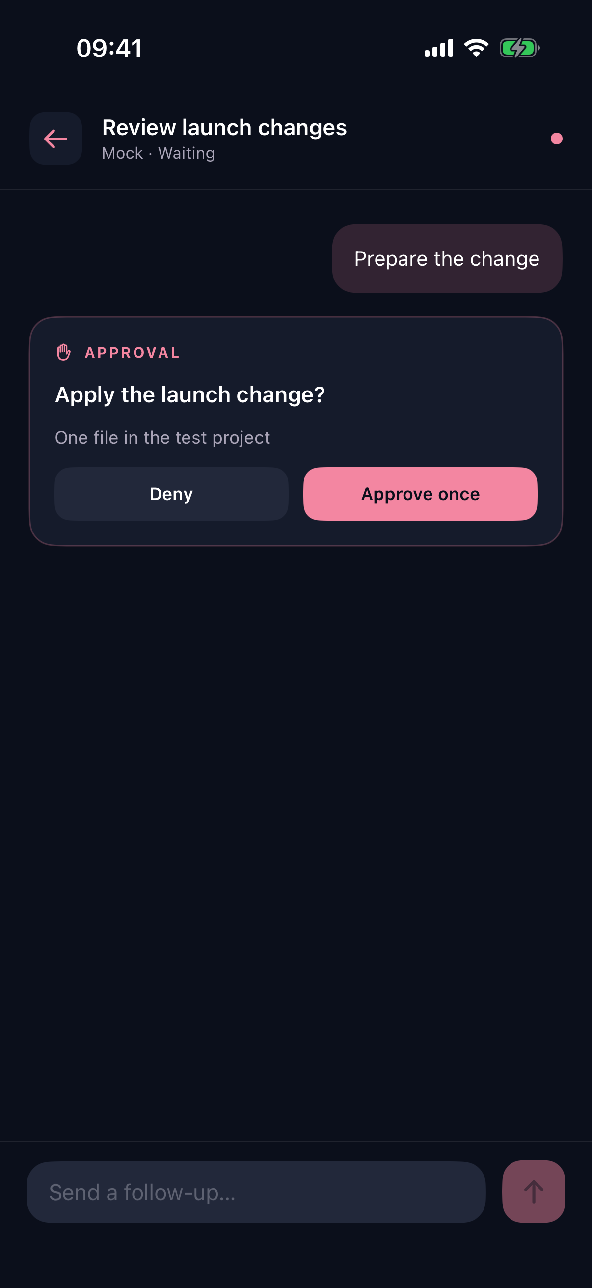 An iPhone approval card with Deny and Approve once controls